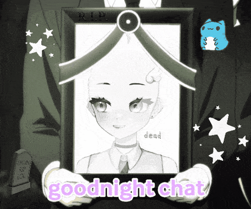 a man in a suit is holding a picture of a girl with the words goodnight chat written below it