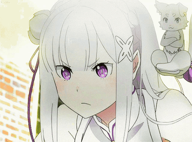 a girl with purple eyes and a flower in her hair is standing next to a cat