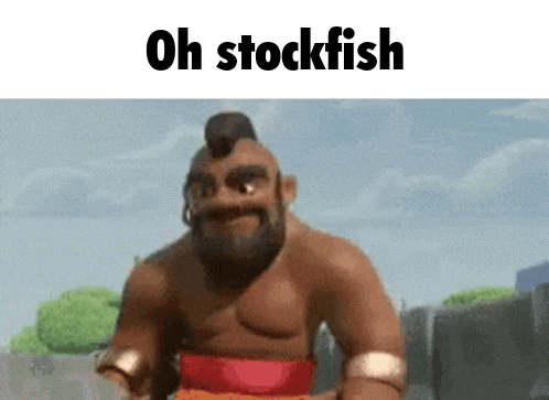 a cartoon character with the words oh stockfish written above him .