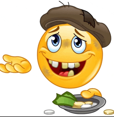 a cartoon smiley face wearing a hat and holding a plate of coins