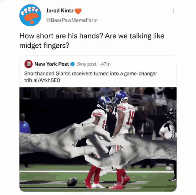 a tweet from the new york post about shorthanded giants receivers turning into a game changer