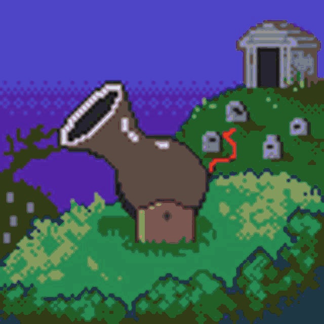 a pixel art drawing of a cemetery with graves and a tree branch in the foreground