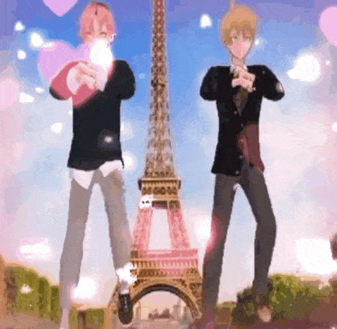 two anime characters are standing in front of the eiffel tower in paris