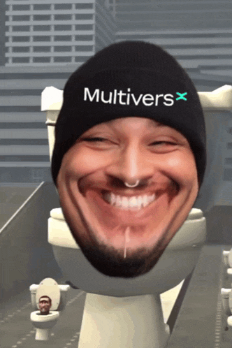 a man wearing a beanie that says multivers on it