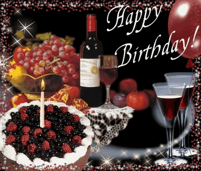 a birthday greeting card with a cake a bottle of wine and glasses of wine