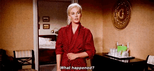 a woman in a red robe is asking what happened