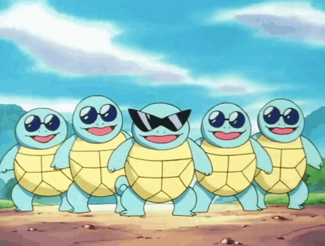a group of cartoon turtles are wearing sunglasses and smiling