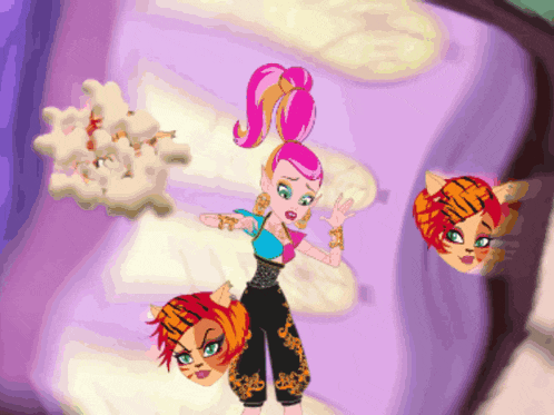 a cartoon drawing of a girl with two tiger heads