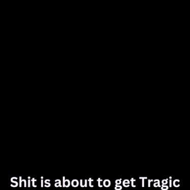 a man in a red suit and tie walks down a hallway with the words shit is about to get tragic behind him