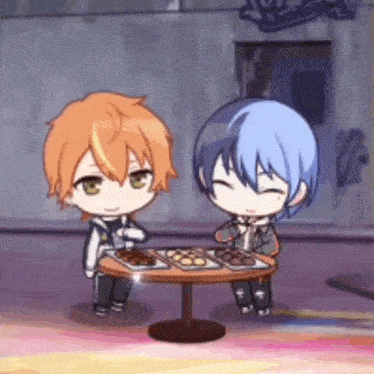 two anime characters are sitting at a table with plates of food on it .
