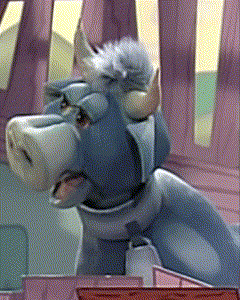 a cartoon cow with horns is standing in front of a building