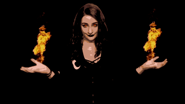 a woman with green hair and red eyes is holding a pair of flames in her hands