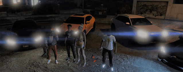 a group of people standing in front of cars with one wearing a shirt that says ' i love you '
