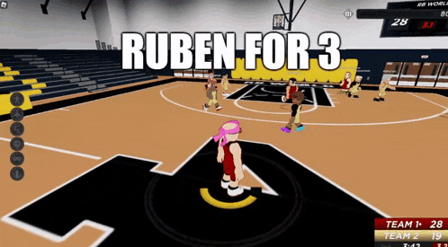 a video game called ruben for 3 is being played on a school basketball court