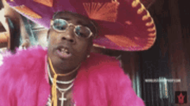 a man wearing a sombrero and sunglasses is wearing a pink outfit .