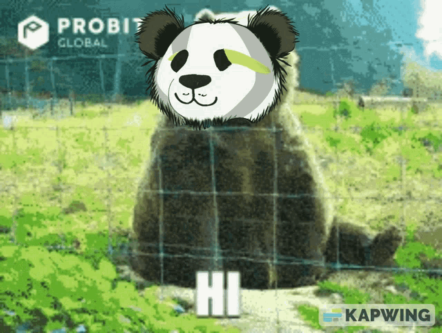 a panda bear is sitting in a grassy field with a probit global logo behind it