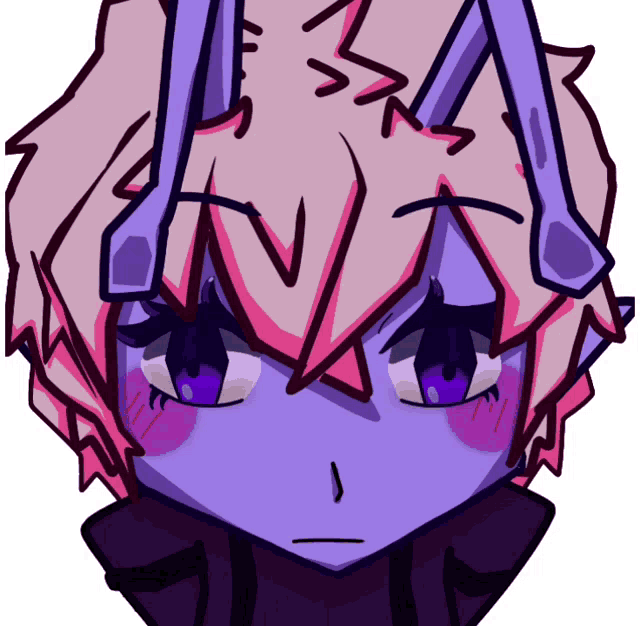 a drawing of a person 's face with purple eyes and a pink nose