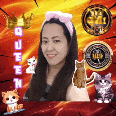 a woman is surrounded by cats and the word queen is on the bottom