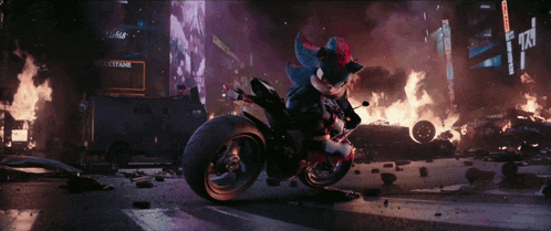 shadow the hedgehog is riding a motorcycle in a destroyed city