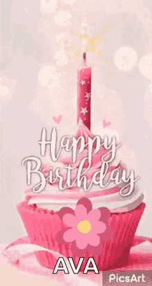 a pink cupcake with a candle on top of it and the words `` happy birthday '' .