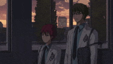 two anime characters are standing next to each other in front of a window with a city in the background