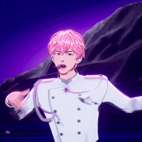 a man with pink hair is wearing a white uniform and has a microphone in his mouth