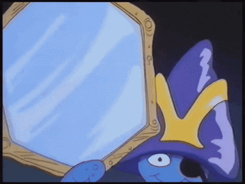 a cartoon character is looking at a mirror with a crown on his head