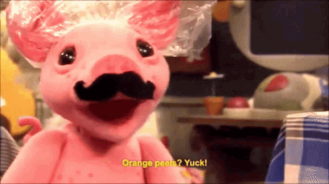a pink pig with a mustache says " orange peels ? yuck "