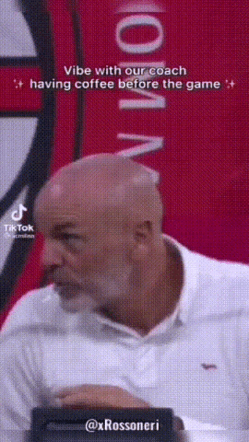 a man in a white shirt is talking about having coffee before a game