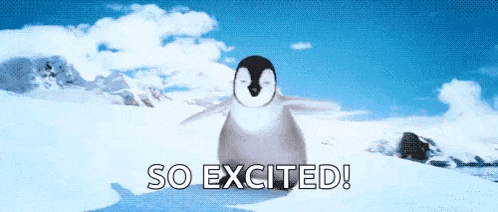 a penguin is jumping in the snow with the words so excited behind it