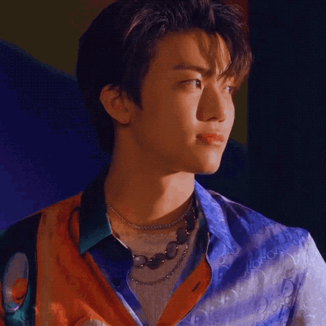 a young man wearing a colorful shirt and a necklace is looking away from the camera .