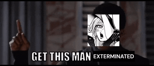 a man is pointing at a picture of a woman with the words `` get this man exterminated '' above him .