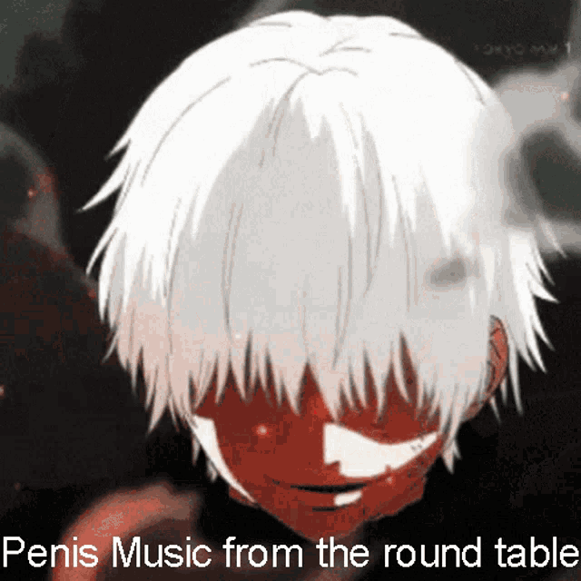 a picture of a man with blood on his face and the words penis music from the round table below him