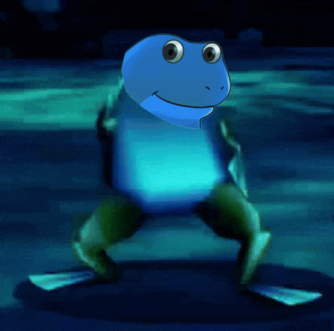 a frog with a blue head and green legs is dancing in the dark