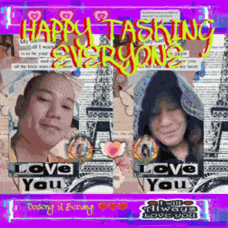 a poster that says happy tasking everyone with two people
