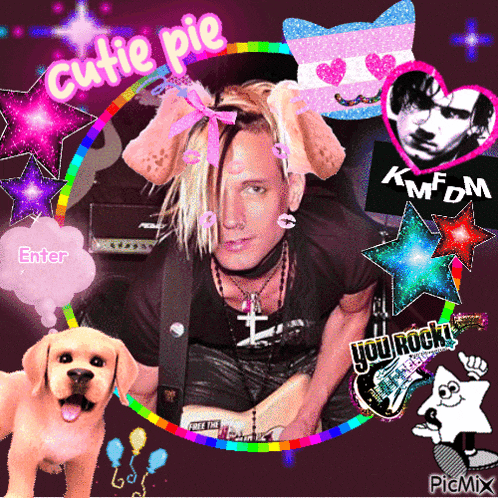 a picture of a man with a dog and the words cutie pie on the top