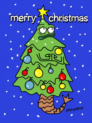 a cartoon of a christmas tree with the words merry christmas written above it