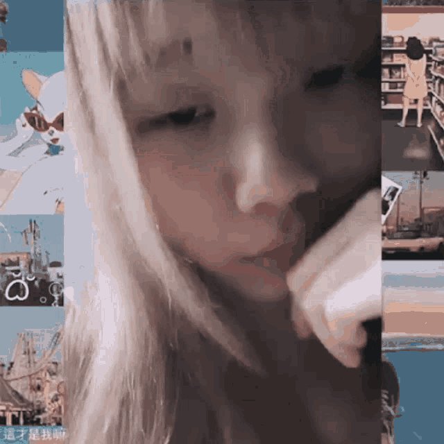 a close up of a girl 's face with a collage of pictures behind her
