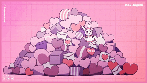 a cartoon drawing of a girl surrounded by hearts with the name amu aigami at the bottom