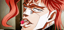a man with red hair is sticking out his tongue and has a pink lollipop in his mouth .