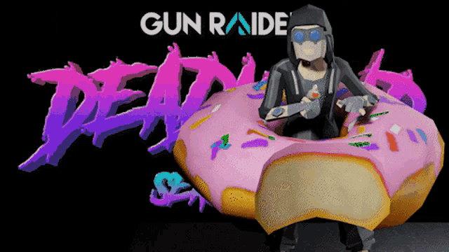 a video game called gun raide is being advertised with a man in a donut