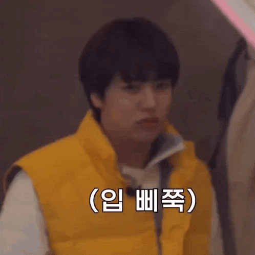 a young man wearing a yellow vest is making a funny face and talking in a foreign language .