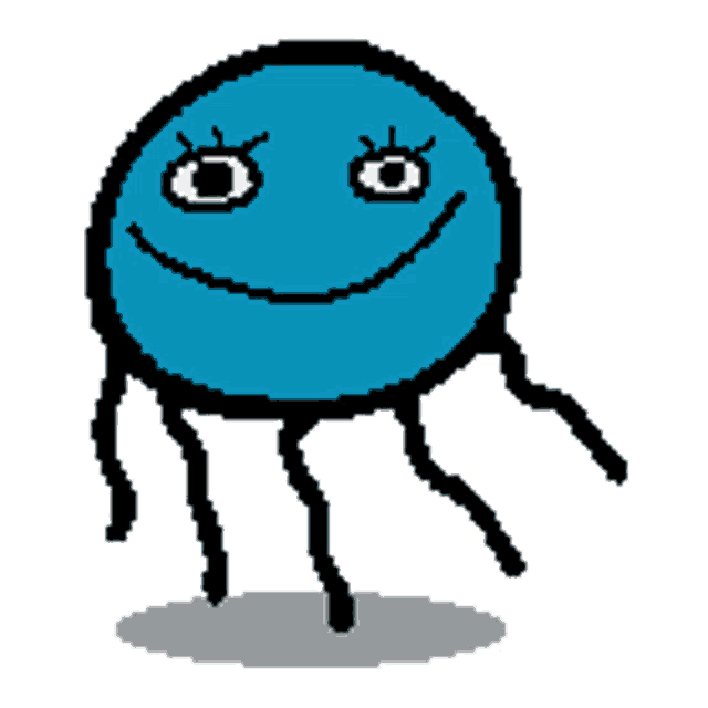 a pixel art of a blue jellyfish with a smiling face