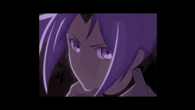 a close up of a girl with purple hair and a purple background
