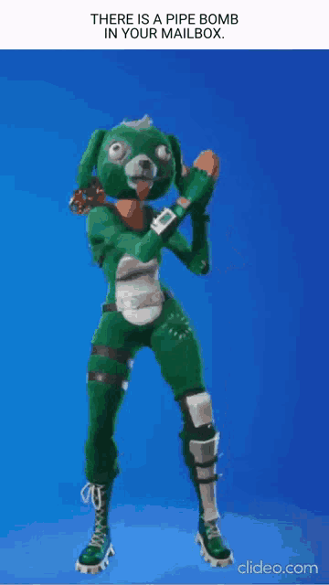a picture of a green dog with the words " there is a pipe bomb in your mailbox " below it