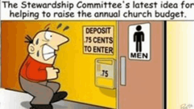 a cartoon of a man standing in front of a door that says ' deposit 75 cents to enter '