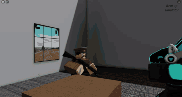a man in a military uniform is holding a gun in a room with a picture on the wall that says beat up simulator