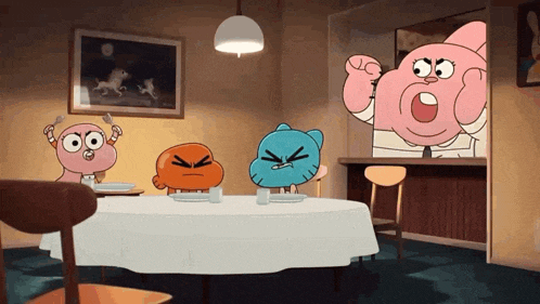 a group of cartoon characters sitting around a table