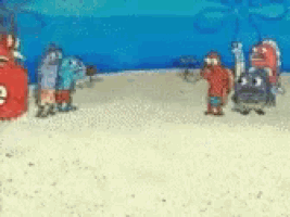 a group of cartoon characters are standing on a sandy beach .