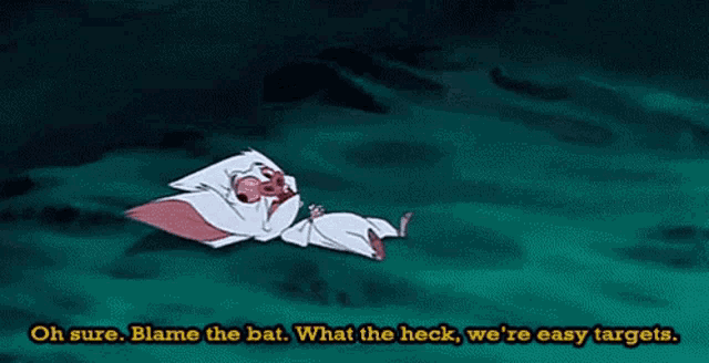 a cartoon character is laying on the ground with the words oh sure blame the bat what the heck we 're easy targets ..